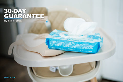 Stork & Sun wipes on a highchair: 30-day guarantee, try them risk-free