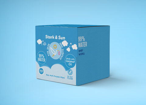 Stork & Sun 6 Pack box, 360 wipes, 99% water, made with coconut oil